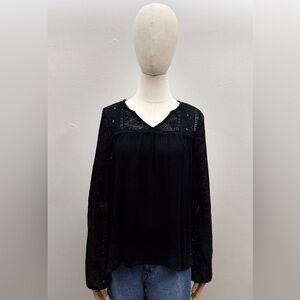 ROXY Black V-Neck Blouse Viscose Shell Cotton Lace Long Sleeve Size S